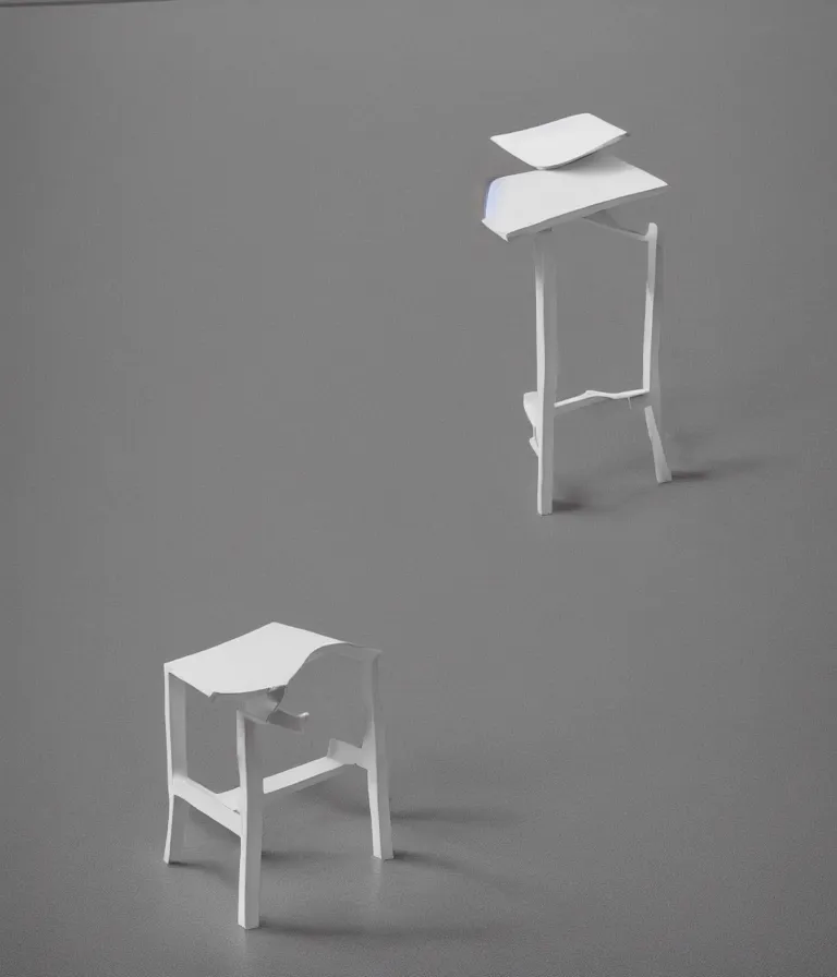 Prompt: a singular single one - piece studio packshot of an inverted stool readymade object on a pedestal in an empty museum room, contemporary sculpture, steel, ceramic, glass