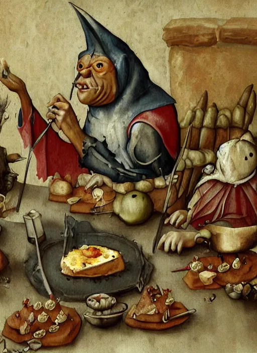 Image similar to medieval goblin eating cakes painted by hieronymus bosch, detailed digital art, trending on Artstation