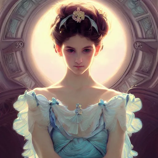 Image similar to Portrait of magical girl, dreamy and ethereal, pastel blue eyes, peaceful expression, ornate frilly dress, fantasy, intricate, elegant, dynamic lighting, highly detailed, digital painting, artstation, concept art, smooth, sharp focus, illustration, art by artgerm and greg rutkowski and alphonse mucha