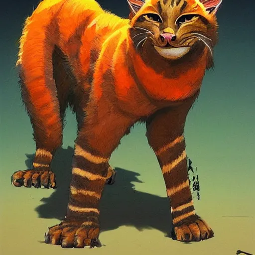 Image similar to a tabaxi!! samurai with dark orange fur and dark green glowing eyes, medium shot!, character illustration by Moebius! artstation, character concept art, John Berkey, Michael Whelan