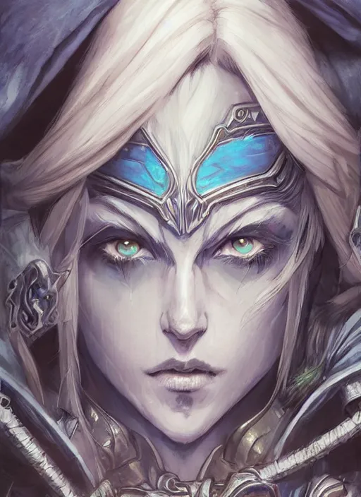 Image similar to close up portrait of sylvanas windrunner, pale blue backlight, powerful, domineering, stoic, masterful, intense, ultrafine hyperdetailed illustration by kim jung gi, irakli nadar, intricate linework, sharp focus, octopath traveler, yoji shinkawa, highly rendered, detailed, concept art