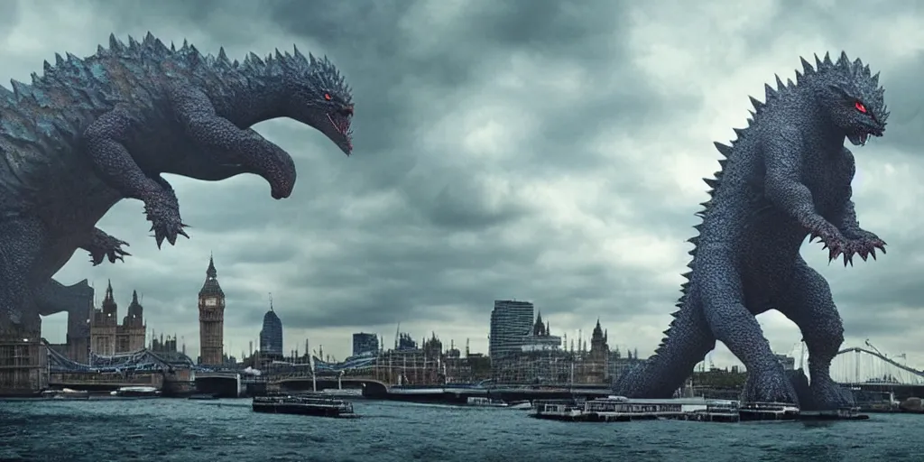 Image similar to kaiju attack in london photography realistic, detailed, cinematic