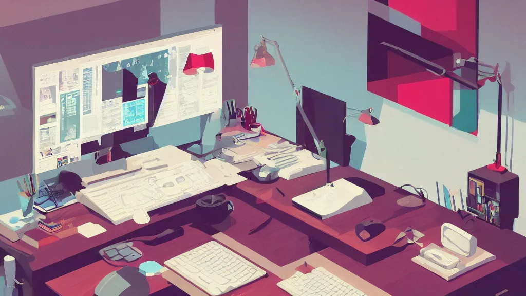 Prompt: stylized retro minimalist design, the desk of a famous web designer working with apple computer, loftis, cory behance hd, by moebius, makoto shinkai and lois van baarle, ilya kuvshinov, rossdraws global illumination