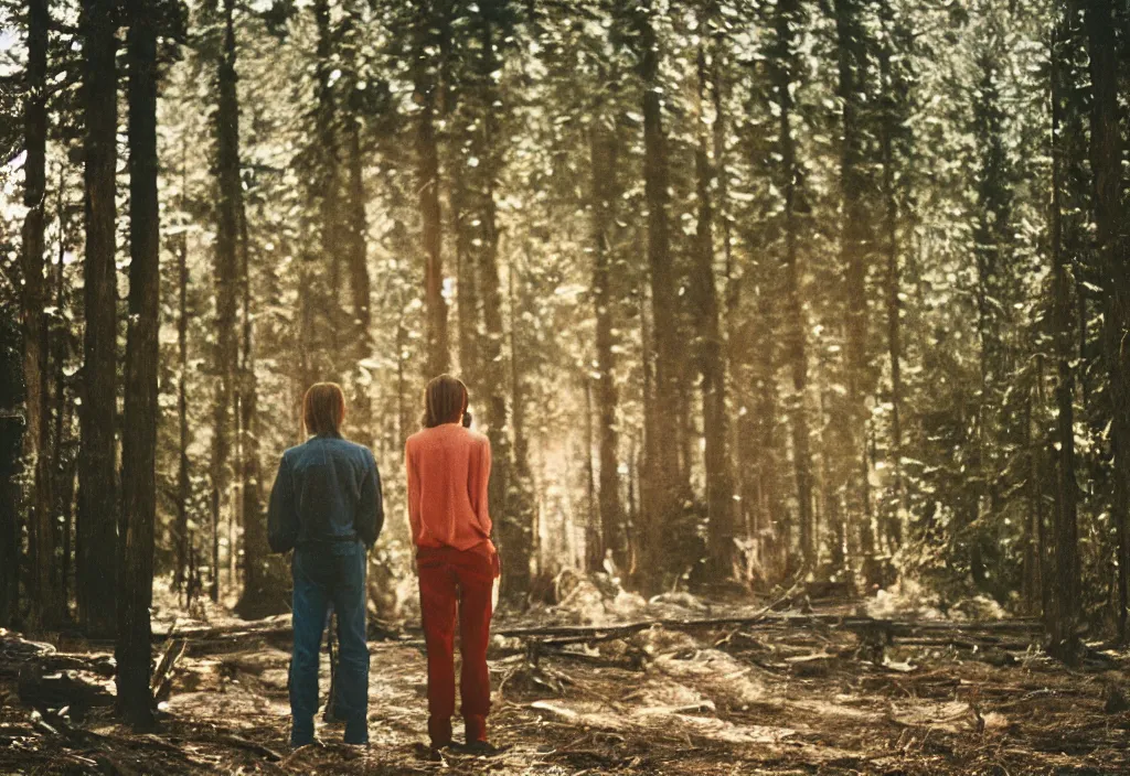 Image similar to lomo photo of two humans standing in front of a large cabin, cinestill, bokeh, out of focus, day, dramatic lighting