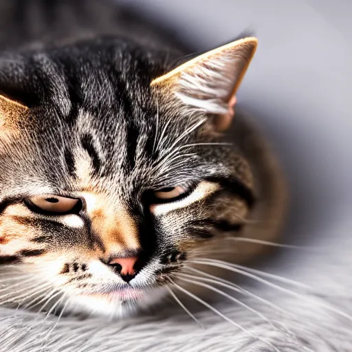 Prompt: close-up photo of a cat sleeping, highly detailed, high quality, HD, 4k, 8k, Canon 300mm, professional photographer, 40mp, lifelike, top-rated, award winning, realistic, sharp, no blur, edited, corrected, trending