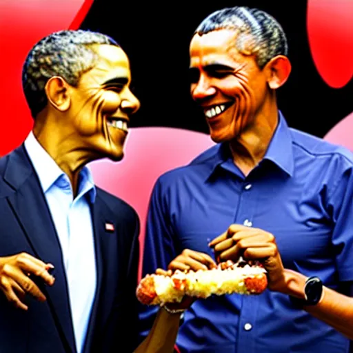 Image similar to a photograph of barack obama sharing a delicious chilli dog with sonic the hedgehog