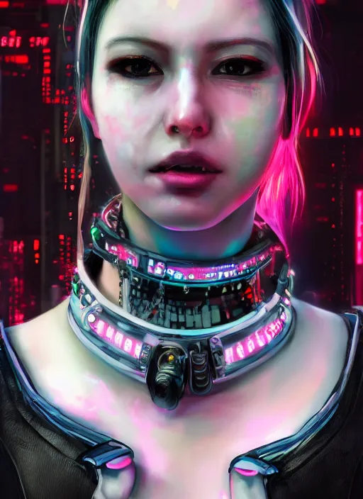 Image similar to detailed realistic female character cyberpunk wearing thick technological collar around neck, realistic, art, beautiful, 4K, collar, choker, collar around neck, punk, artstation, detailed, female, woman, choker, cyberpunk, neon, punk, collar, choker, collar around neck, cyberpunk, punk, neon