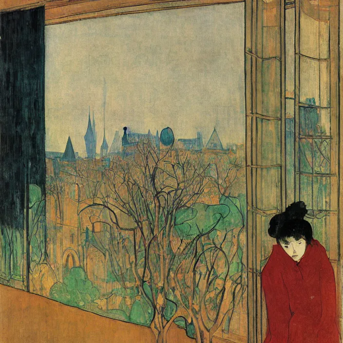 Image similar to portrait of sad woman and persian cat with city with gothic cathedral and tall trees seen from a window frame with curtains, vase. thunderstorm. mikalojus konstantinas ciurlionis, henri de toulouse - lautrec, utamaro, matisse, balthus