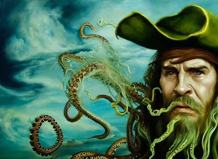 Prompt: Beautiful oil painting of Davy Jones by Titian and Chie Yoshii, portrait, Pirates of the Caribbean, octopus face, tentacles beard, intricate, elegant, light green mist, ocean, storm, sea spray, Dead Man's Chest, At World's End, The Flying Dutchman, highly detailed, dramatic lighting, sharp focus, trending on artstation, artstationHD, artstationHQ, unreal engine, 4k, 8k