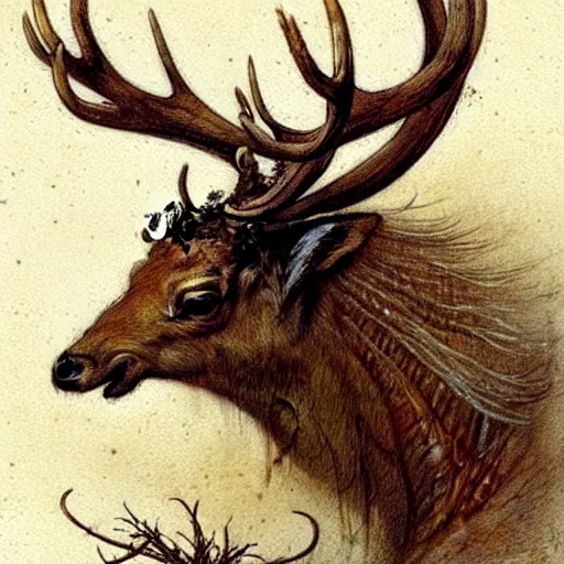Prompt: ((((( a centipede that looks like an elk . muted colors.))))) by Jean-Baptiste Monge !!!!!!!!!!!!!!!!!!!!!!!!!!!
