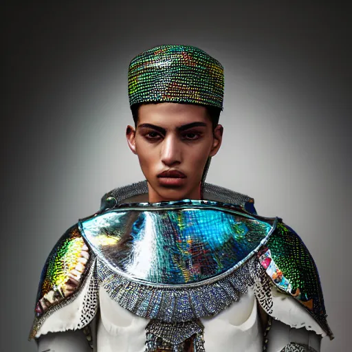 Prompt: a portrait of a beautiful young morrocan male wearing an alexander mcqueen armor made of iridiscent translucent plastic , photographed by andrew thomas huang, artistic