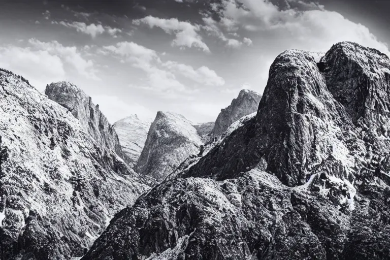 Image similar to distant tyrannosaurus rex large theropod dinosaur inside a valley, huge snowy peaks, in the style of ansel adams, black and white, old, master photography