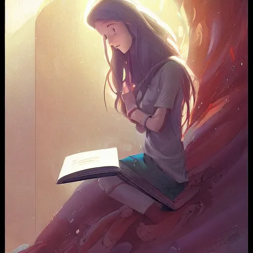 Image similar to a pixar girl reading a book, long hair flowing down, symmetrical, style of by Jordan Grimmer and greg rutkowski, crisp lines and color,