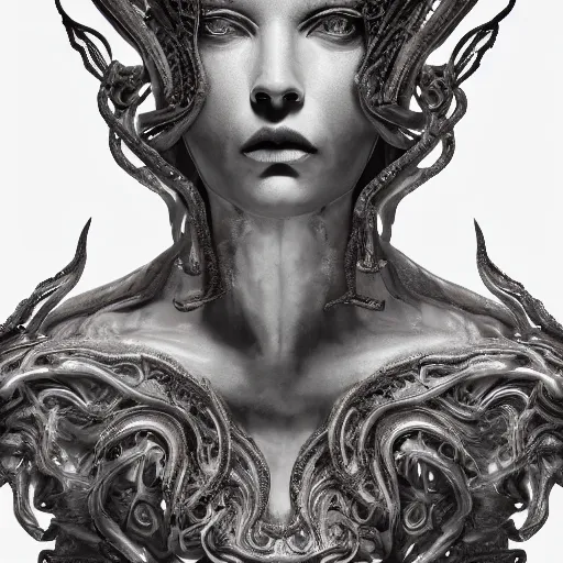 Image similar to medusa, highly detailed, symmetrical long head, smooth marble surfaces, detailed ink illustration, raiden metal gear, cinematic smooth stone, deep aesthetic, concept art, post process, 4k, carved marble texture and silk cloth, latex skin, highly ornate intricate details, in the style of frank miller