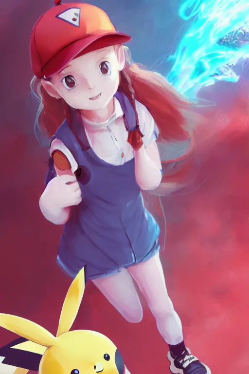 portrait of cute pokemon trainer girl with vibrant red, Stable Diffusion