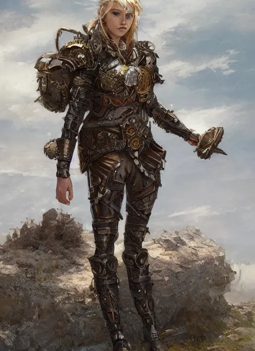 Prompt: highly detailed steampunk armor on a blond who is standing on a rock : greg rutkowski