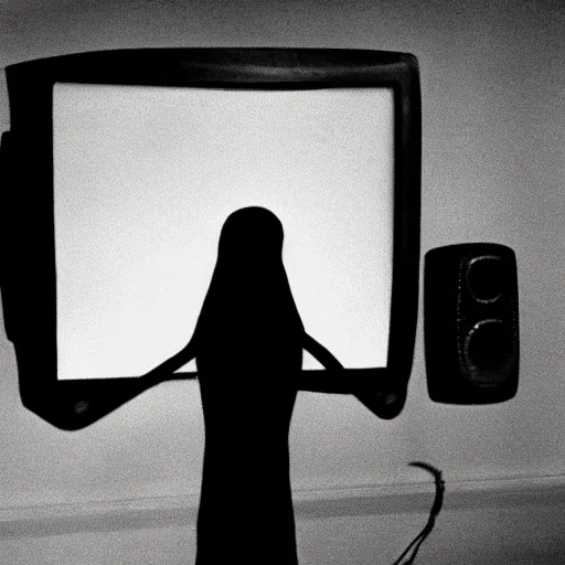 Prompt: creepy cursed TV playing found footage of a ghost, 90s, black and white, dark room at 4am