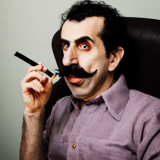 Image similar to A portrait of borat sagdiyev smoking a rolled marijuana joint, 8k, professional photography