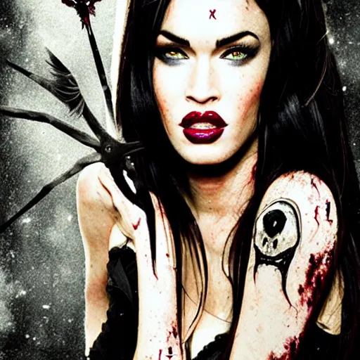 Image similar to megan fox portrait, halloween, halloween costumes, vampire, zombie, mummy, scary, dark, horror