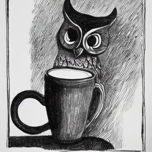 Image similar to black and white ink drawing of a man with an owl head holding a mug of coffee