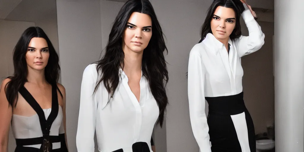 Prompt: ultra wide angle photo of kendall jenner dressed in a white blouse and black dress pants as diana prince looking at herself in a bathroom mirror and seeing her reflection as wonder woman