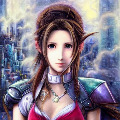 Image similar to a portrait painting of aerith from from final fantasy 7 with the steam punk city midgard as backdrop by master artist yoshitaka amano