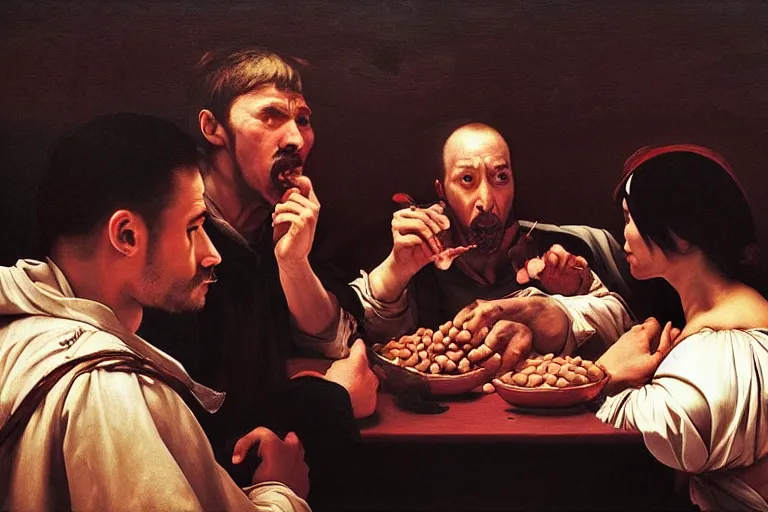 Image similar to a man eating beans in a crowded movie theater lit by the theater screen, a digital renaissance painting by artgerm by caravaggio and face by wlop