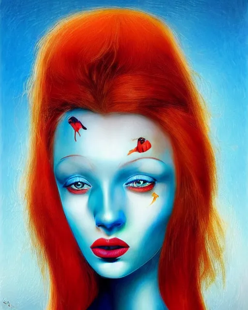 Prompt: a portrait of a beautiful woman with blue eyes and red hair, face in detail, highly surrealistic art in the style of Salvador Dali and Jim Warren, highly detailed, trending on artstationhq