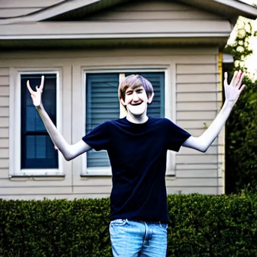 Image similar to bo burnham outside of his house, smiling and dancing