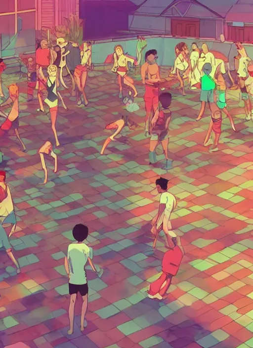 Image similar to pool party late at night with funky music people dancing in anime akira style, 8 k, hd