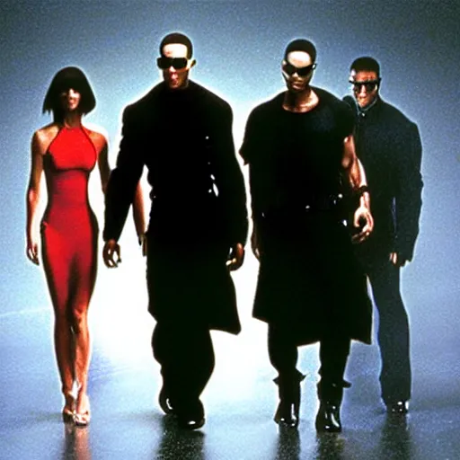 Prompt: A still from The Matrix with Will Smith as Neo, Arnold Schwarzenegger as Morpheus, and Sarah Michelle Gellar as Trinity