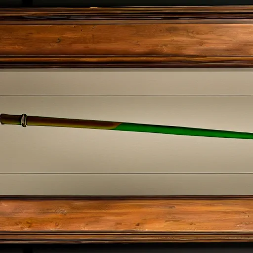 Image similar to painting of a longbow by itself on a weapons rack