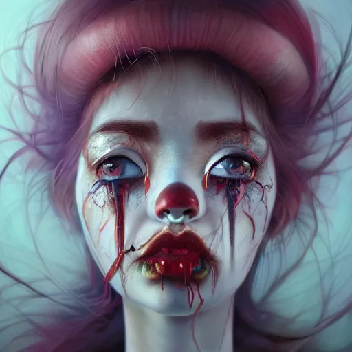 Image similar to breathtaking detailed painting of clown girl crying, piercing eyes, james jean, miho hirano, extremely moody lighting, hyperrealistic, octane render, rpg portrait, ambient light, dynamic lighting