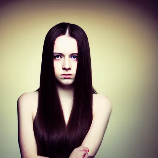 Image similar to beautiful young woman with long straight dark hair, pale skin, brown eyes portrait, photograph, intricate complexity, rule of thirds, dramatic lighting dark background