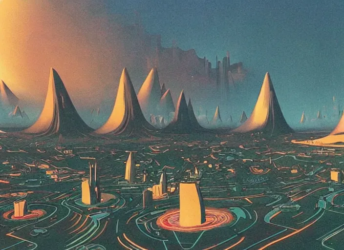 Image similar to ground view of a utopia future city. style by peter elson and eyvind earle.