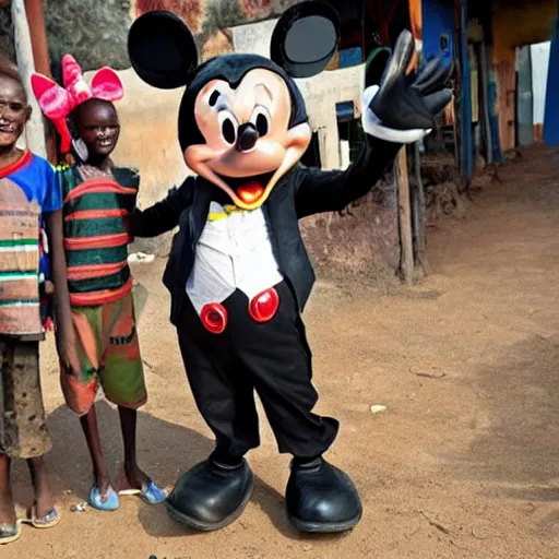 Image similar to Mickey Mouse in Africa helping starving children, photo, BBC