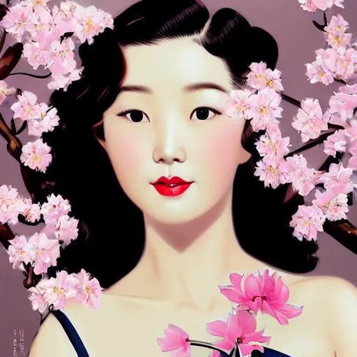 Image similar to pin - up portrait of a beautiful young traditional korean woman, pretty long hair, cherry blossoms, intense flirting, showing curves, symmetrical face, digital art, smooth, extremely detailed, model pose, intense look, dream, gorgeous young model, traditional beauty, pretty, by wu bayard, by gil elvgren, by ralph horsley, by hanks steve