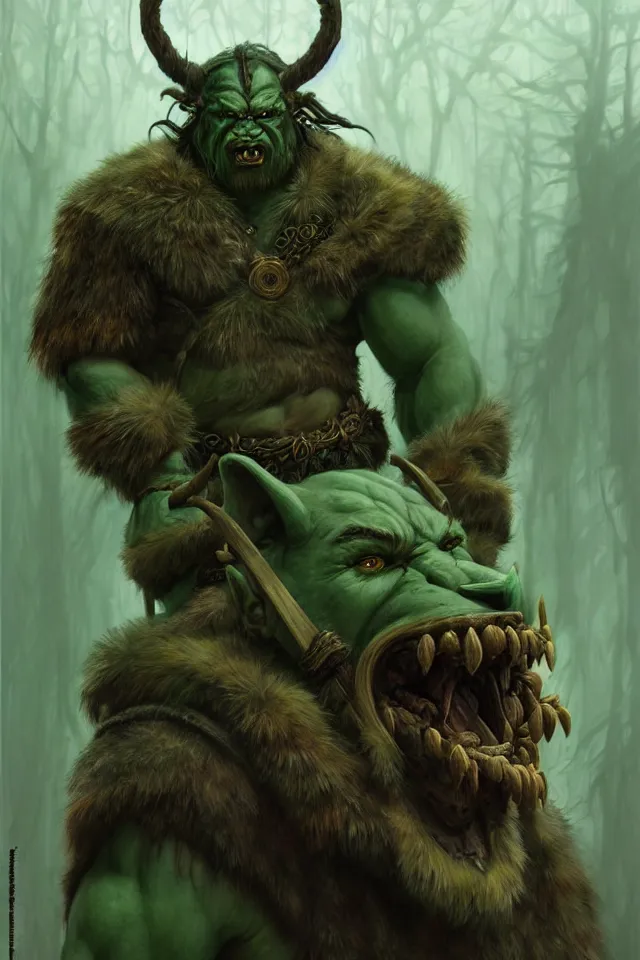 Image similar to portrait of a druidic green mountain orc, looking at camera, d & d, savage warrior, fur attire, aztec hair, large noses, intricate, fantasy, extremely detailed, digital painting, artstation, concept art, smooth, sharp focus, illustration, ambient lighting, art by artgerm and greg rutkowski and alphonse mucha and simon stalenhag