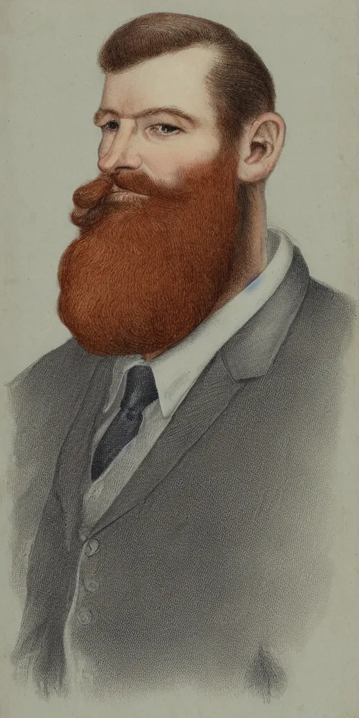 Prompt: MacGuire is a tall, broad-shouldered man in his early 40s, dressed in casual business attire that\'s always a tiny bit too small for his giant frame. A thick red beard frames his wide Scottish grin. Portrait.