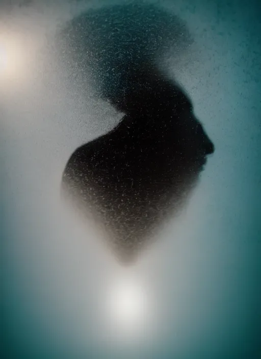 Image similar to crystallized human silhouette, large diffused glowing aura, long exposure, film grain, cinematic lighting, concept art, maximum detail, cgsociety, underwater, reflections, mirror, gentle
