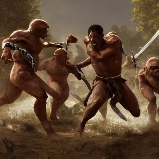 Image similar to Our Protagonist, a Dark Skinned Orc Barbarian Adventurer, winning in a foot race against soldiers mounted on Velociraptors, Aztec Coliseum, Oil Painting, hyperrealistic, octane render, Detailed Digital Art, RPG scene, William-Adolphe Bouguereau, Michael Cheval, dynamic lighting, Highly Detailed, Cinematic Lighting, 8k, HD