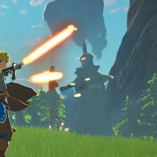 Prompt: a screencap of the legend of zelda breath of the wild, of darth vader in breath of the wild