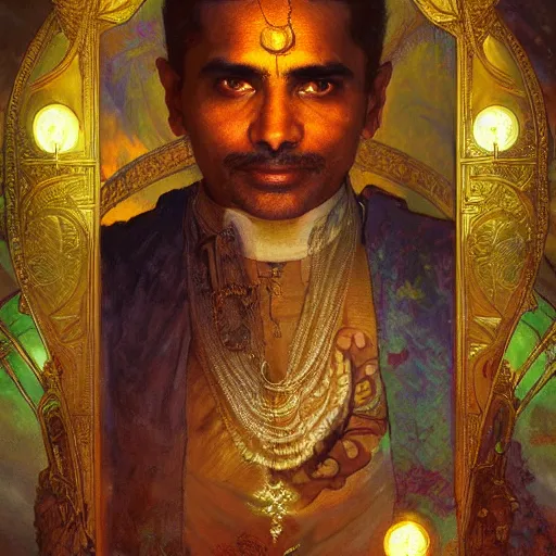 Image similar to portrait of Indian male priest, fantasy, powerful, elegant, intricate, beautiful lighting, perfect composition, by greg rutkowski, thomas kindkade, alphonse mucha