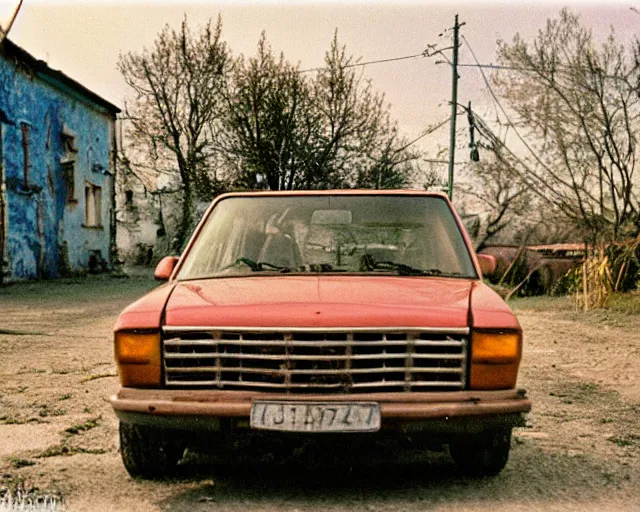 Image similar to a lomographic photo of old lada 2 1 0 7 standing in typical soviet yard in small town, hrushevka on background, cinestill, bokeh