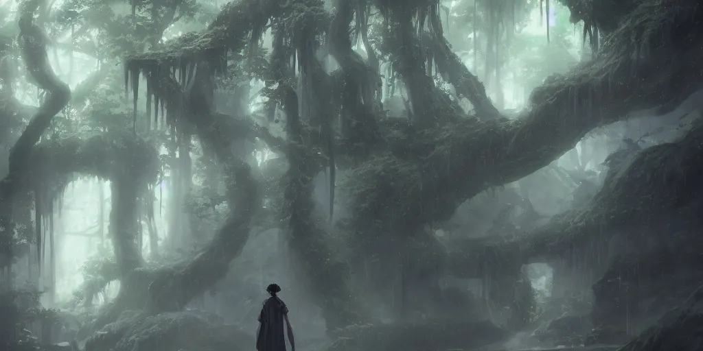 Image similar to a film still portrait of an ominous spirit, finely detailed features,, perfect art, an ancient primordial rainforest trending on pixiv fanbox, painted by greg rutkowski makoto shinkai takashi takeuchi studio ghibli