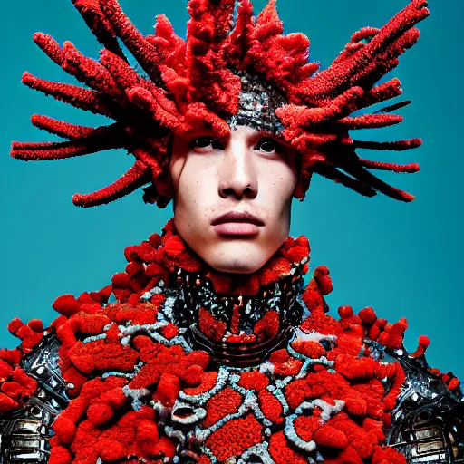 Prompt: a portrait of a beautiful young male wearing an alexander mcqueen armor made of coral reef , photographed by andrew thomas huang, artistic
