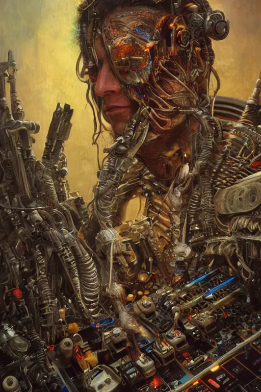 Image similar to a centered photo of a post apocalyptic tribal cyborg playing synthesizers in the most complicated fractal and technical musical studio, powerful, cinematic, beautifully lit, by donato giancola, by artgerm, by karol bak, 3 d, perfect face and body, trending on artstation, octane render, 8 k