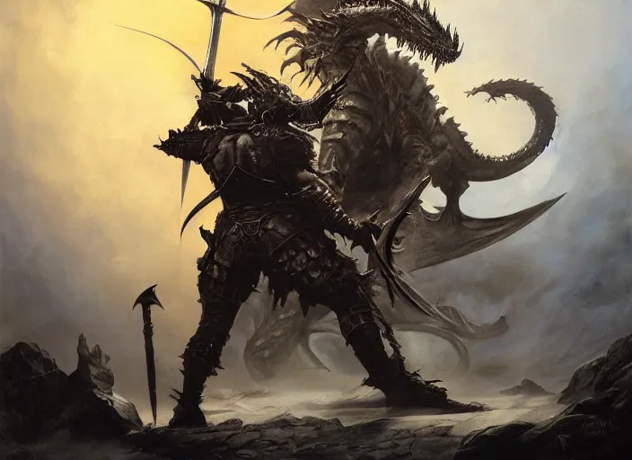 Prompt: the death dealer with a large sword fighting a dragon, advanced lighting technology, digital painting masterpiece by frank frazetta, hyper detailed, realism, gorgeous, beautiful, 4 k