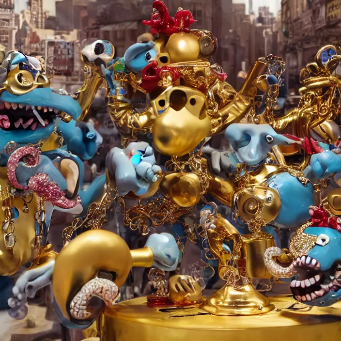 Image similar to jeff koons hip hop style street sharks wearing grillz and a ton of bussdown iced gold bling in wallace & gromit claymation, ultra realistic, concept art, intricate details, serious, highly detailed, photorealistic, octane render, 8 k, unreal engine, art by todd mcfarlane and artgerm and greg rutkowski and alphonse mucha