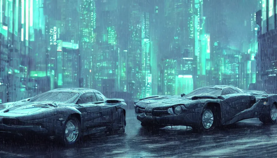 Image similar to a picture of a car in the rain, cyberpunk art by fyodor vasilyev, zbrush central contest winner, cubo - futurism, synthwave, darksynth, retrowave